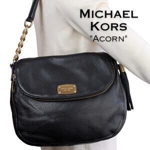 Michael Kors Acorn Shoulder Bag Black Pebbled Leather Gold Chain Link Tassel